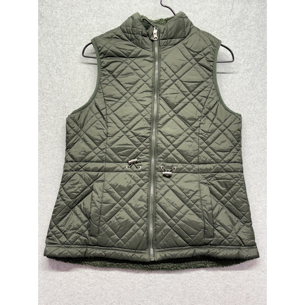 Time and Tru Quilted Puffer Vest Olive Green Sherpa Lined Womens Small 4-6